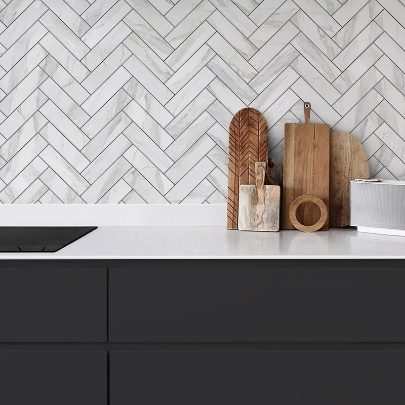 White marble herringbone tiles black joints- Washable vinyl self-adhesive opaque for walls kitchen blackslash