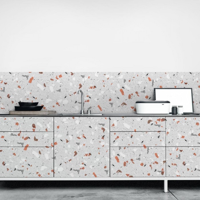 Decorative vinyl of orange and grey terrazzo