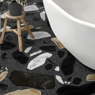 Correr Terrazzo. Washable self-adhesive opaque vynil for floor with big marbles stones black bathroom. Lokoloko