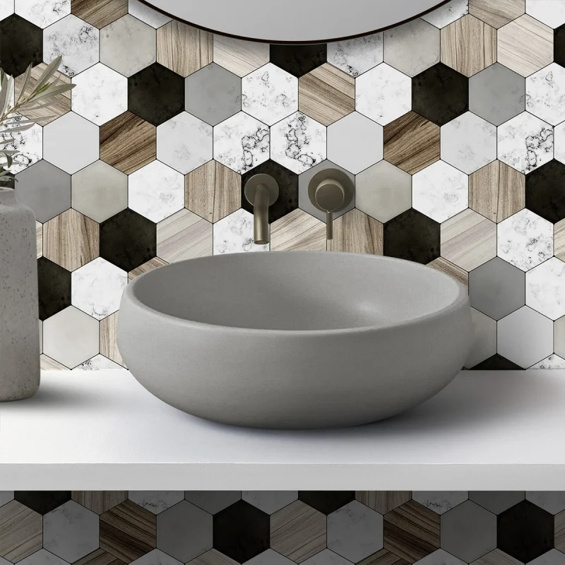 Hexagonal ceramic, marble and wood tiles (mini). Textured washable vinyl for bathroom walls. Lokoloko