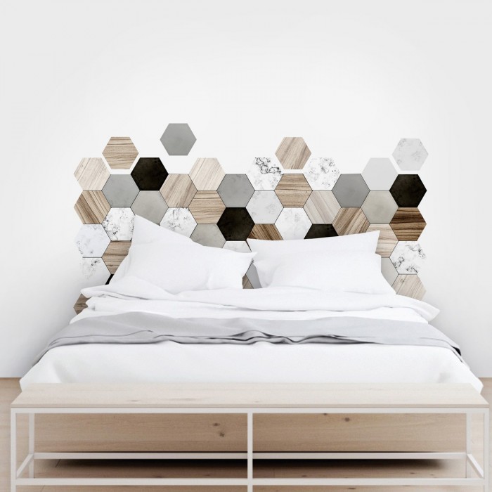 Wood, marble, stone and ceramic Hexagonal Tiles. vinyl, ecological inks, opaque, antibacterial for bedroom walls. Lokoloko