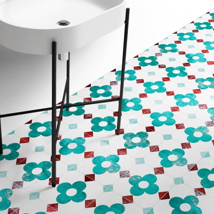 Tiles of turquoise vintage flowers. Texture Vinyl for floor in bathroom, non-slip and antibacterial, water resistant. Lokoloko