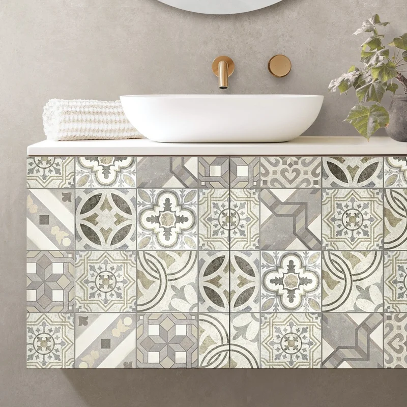 Mosaic of hydraulic floor tiles 1 Washable, texture vinyl, eco-friendly inks, antibacterial for bathroom furniture.