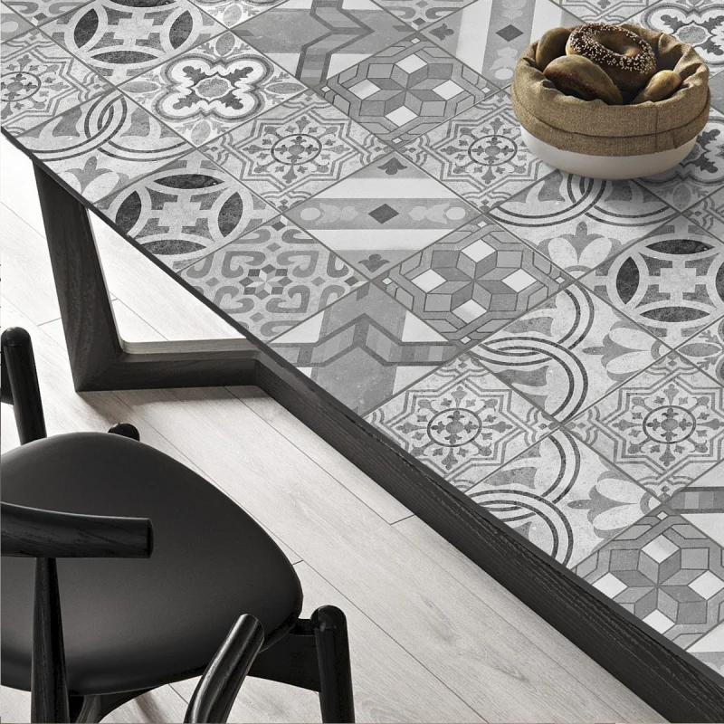 Mosaic of hydraulic floor tiles 2. Vinyl, ecological inks, opaque, antibacterial to cover living room and dining room tables.