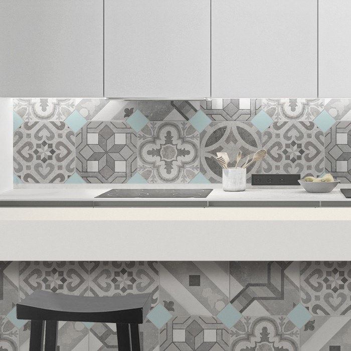 Mosaic of hydraulic floor tiles 4. Vinyl, ecological inks, water resistant, antibacterial for tiles and backslash Kitchen.