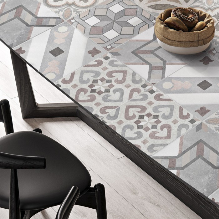 Mosaic of hydraulic floor tiles 5. Vinyl, ecological inks, opaque, antibacterial to cover living room and dining room tables.