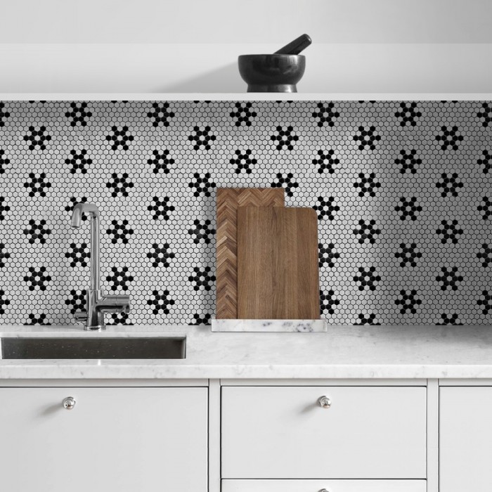 Black Stars Mosaic 2. Washable vinyl, eco-friendly inks, water resistant, antibacterial for kitchen furniture.