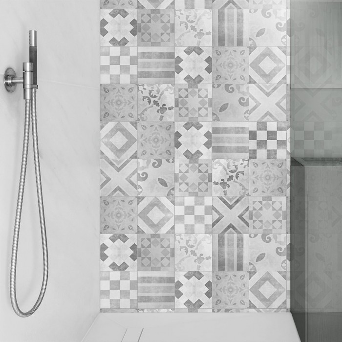 Vintage pattern 5 black & white. Washable vinyl, eco-friendly inks, water resistant, antibacterial for shower wall tiles.