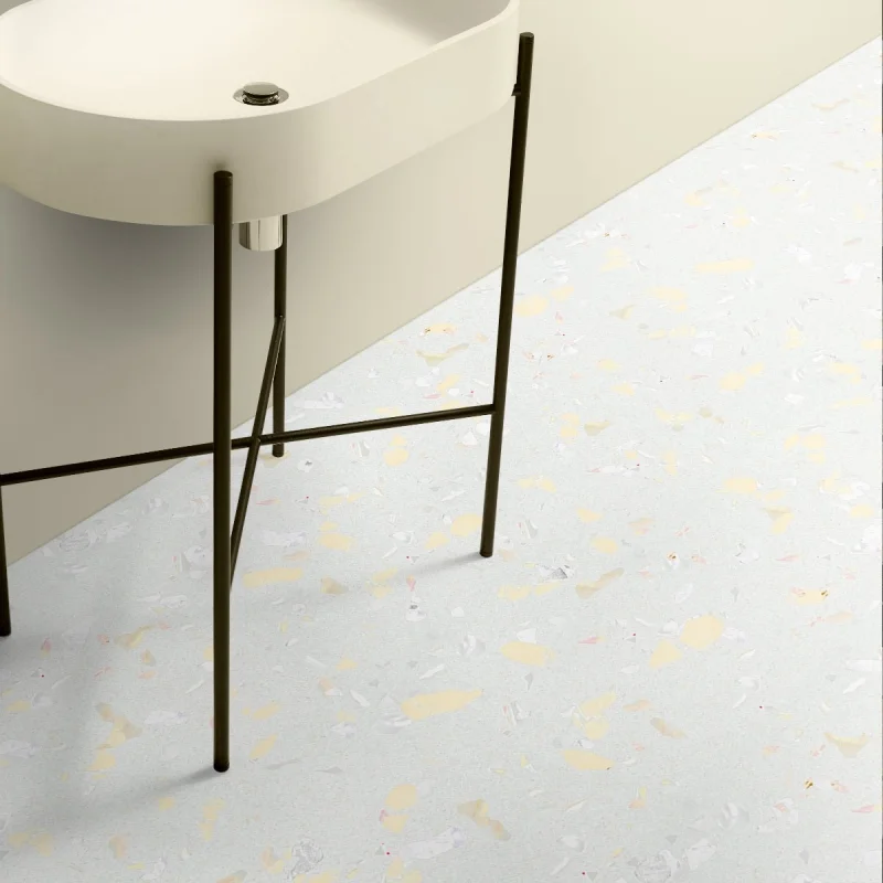 Light Yellow Terrazzo. Washable self-adhesive eco inks. Vinyl for floor tiles in bathroom. Lokoloko