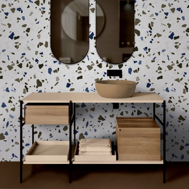 Neutral Terrazzo. Washable self-adhesive eco inks Vinyl for tiles walls, shower and bath for bathroom. Lokoloko