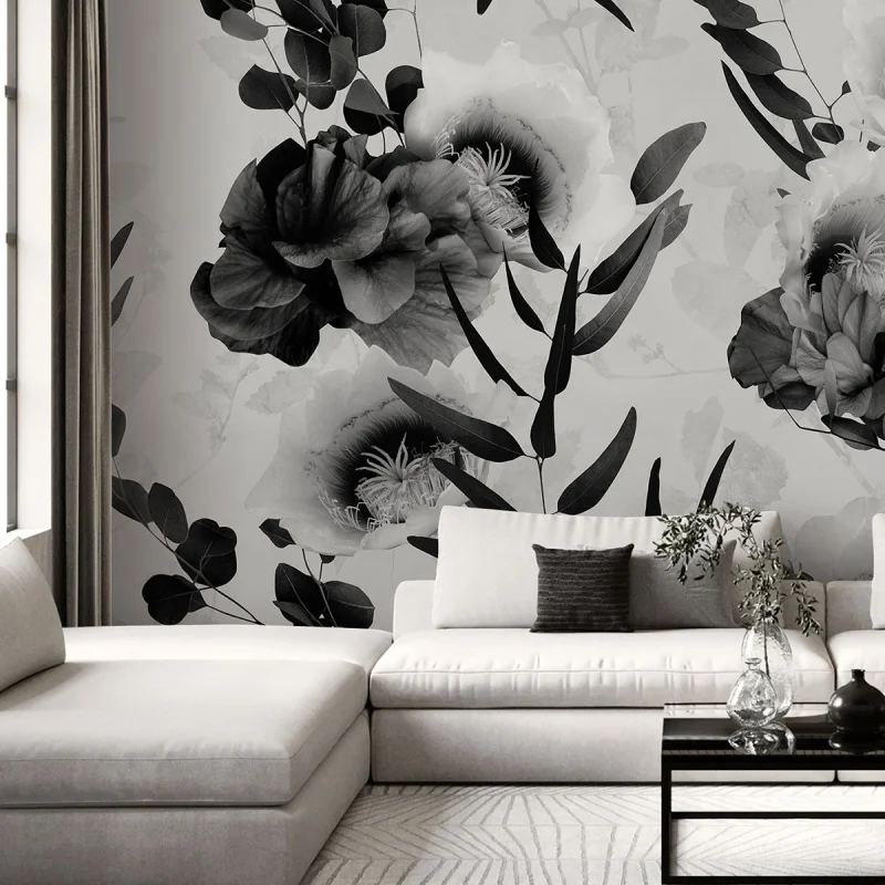 Daila Black and White - Eco-friendly self-adhesive wallpaper mural for TV and living-room walls - Grey, flowers - Lokoloko