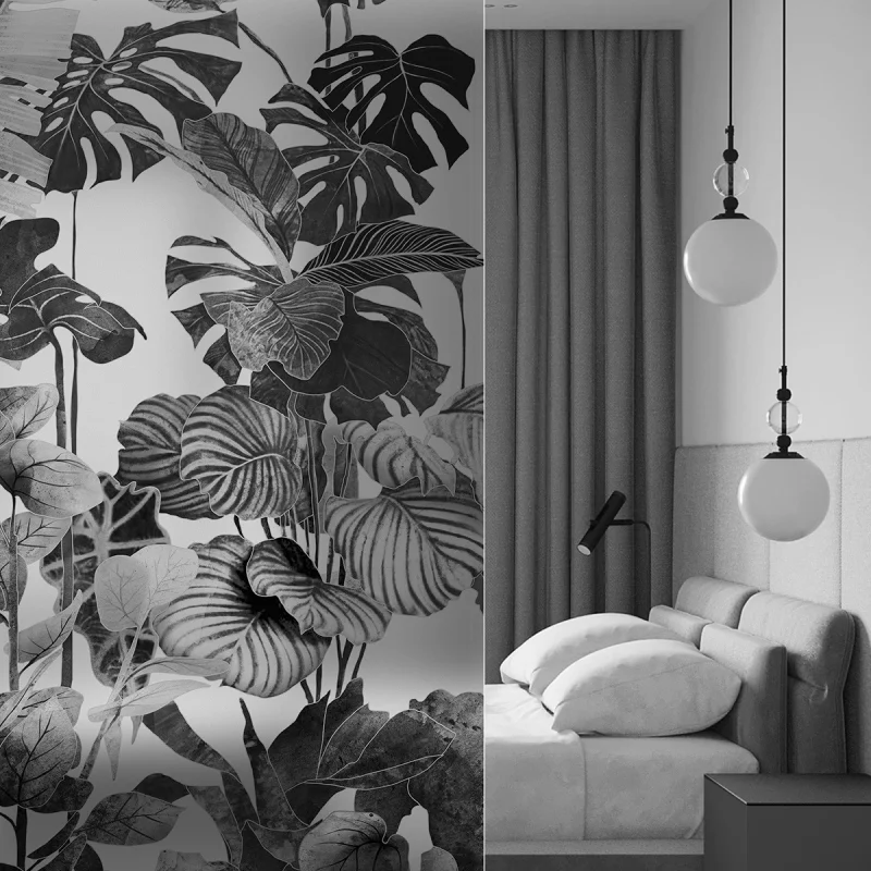 Tropicalia Black & White - Washable translucent self-adhesive vinyl sticker for glass panel in the bedrooms. Lokoloko