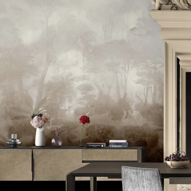 Giverny earth - Ecological self-adhesive wallpaper pvc free for living-room walls. Brown, birds, trees, plants. Lokoloko