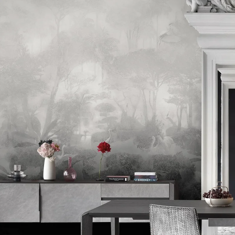 Giverny Grey - Ecological self-adhesive wallpaper pvc free for bedroom walls. Birds, trees, plants. Lokoloko