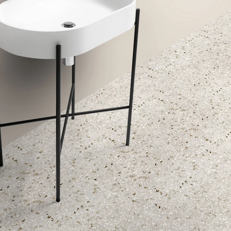 Vera Terrazzo. Washable self-adhesive eco inks. Vinyl for floor tiles in bathroom, beige. Lokoloko