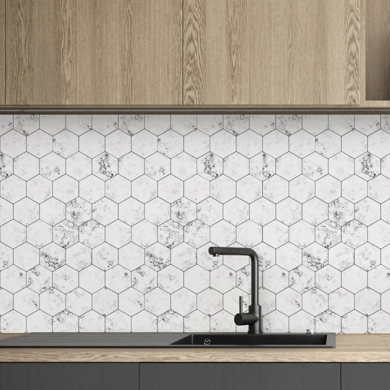 Azulejos hexagonales mármol blanco. Vinilo Mate. 95cmx205cm