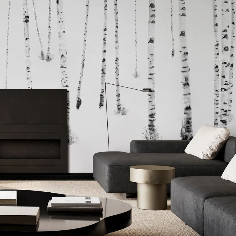 Mural Birch en vinilo lavable autoadhesivo en salon para paredes y muebles, bosque de abedules en blanco y negro. lokoloko