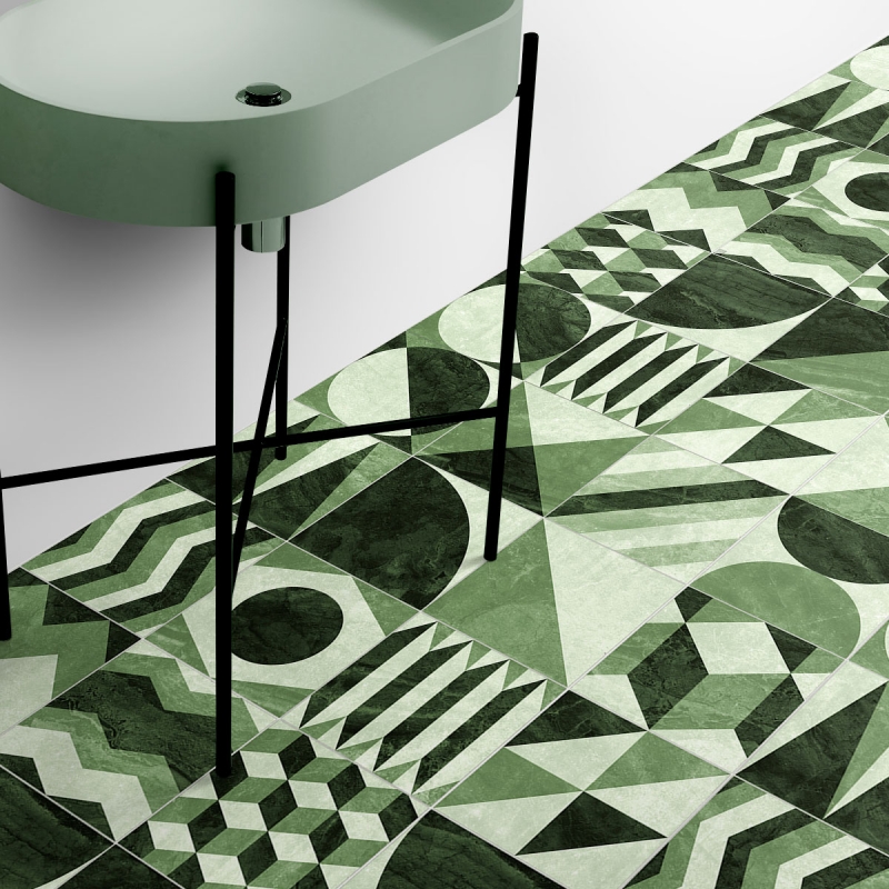 Thira geometric green. Washable self-adhesive eco inks. Vinyl for floor tiles in bathroom, lokoloko