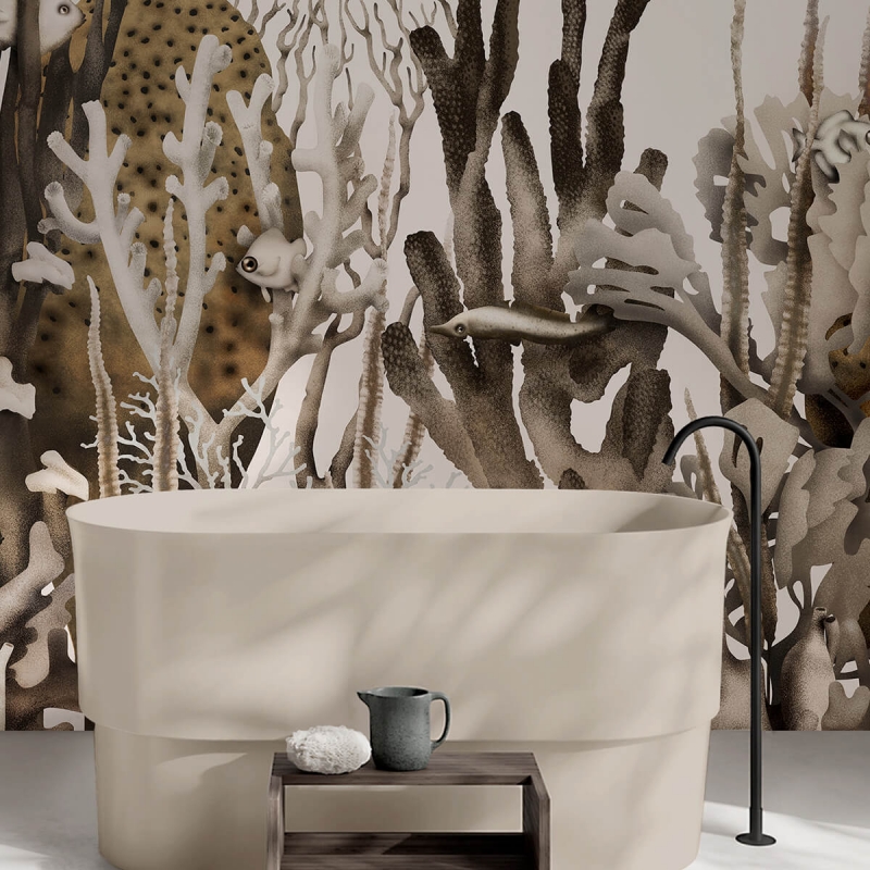 Mural Coral en vinilo lavable autoadhesivo para paredes de baños con azulejos, es un coral tropical con colores ocres. lokoloko