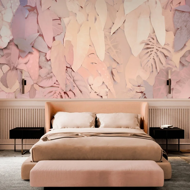 Self-adhesive textured eco-friendly wallpaper mural for bedroom walls, with pink leaves and earth. Illier