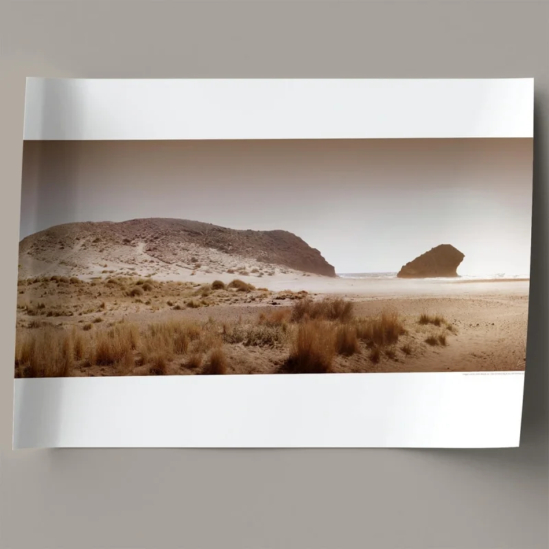 Photographic poster on textured eco-friendly wallpaper of Monsul Beach Cabo de gata, earth tones. Lokoloko