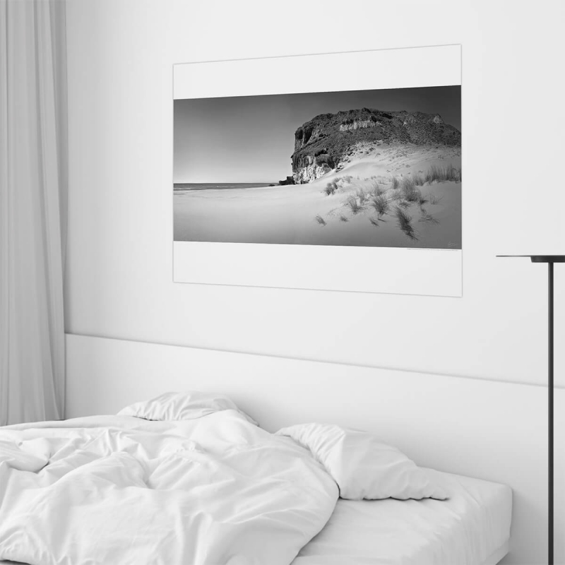 Photographic poster on textured eco-friendly wallpaper of Small Cove in Cabo de Gata Natural Park, black & white. Lokoloko