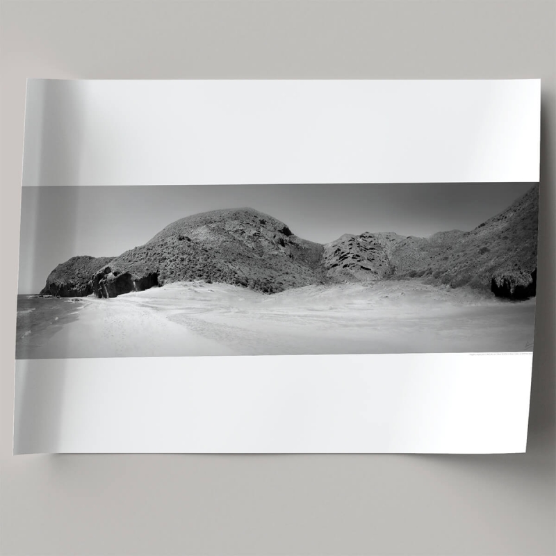 Photographic poster on textured eco-friendly wallpaper of Barronal Cove in Cabo de Gata Natural Park. Black & white. Lokoloko