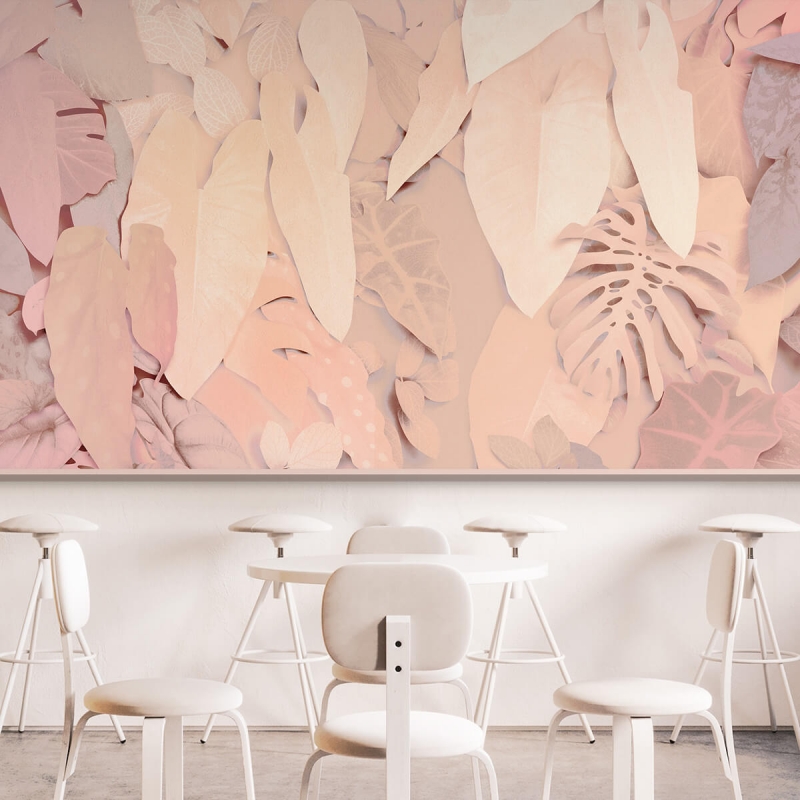 Mural de vinilo lavable para restaurantes y cafeterias con hojas en rosas y tierras, ignifugo, exterior. Illier