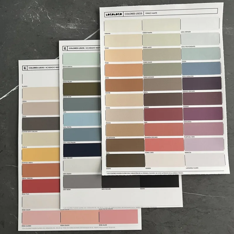 Sample of washable matte vinyl plain colours, eco-friendly inks, water resistant, for covering furniture and walls. Lokoloko